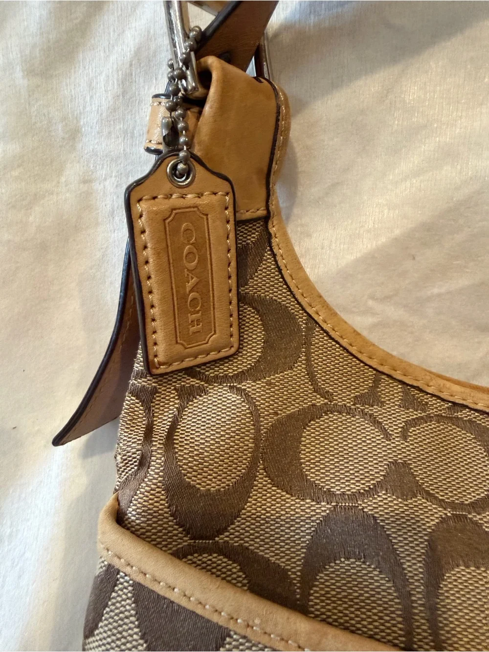 Coach Khaki/Brown Signature Canvas Shoulder Bag with Tan Trim